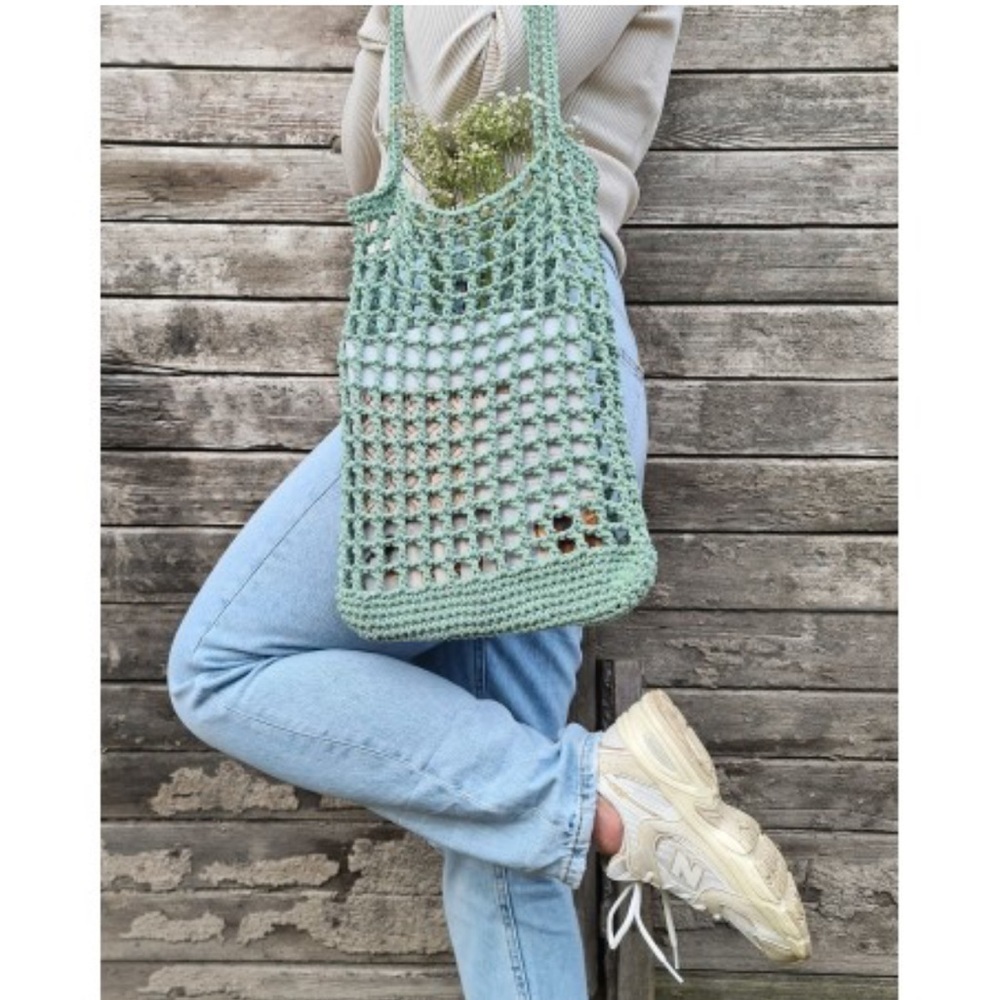 Straw Woven Tote Shoulder Bag Mesh Hollow Green NWOT